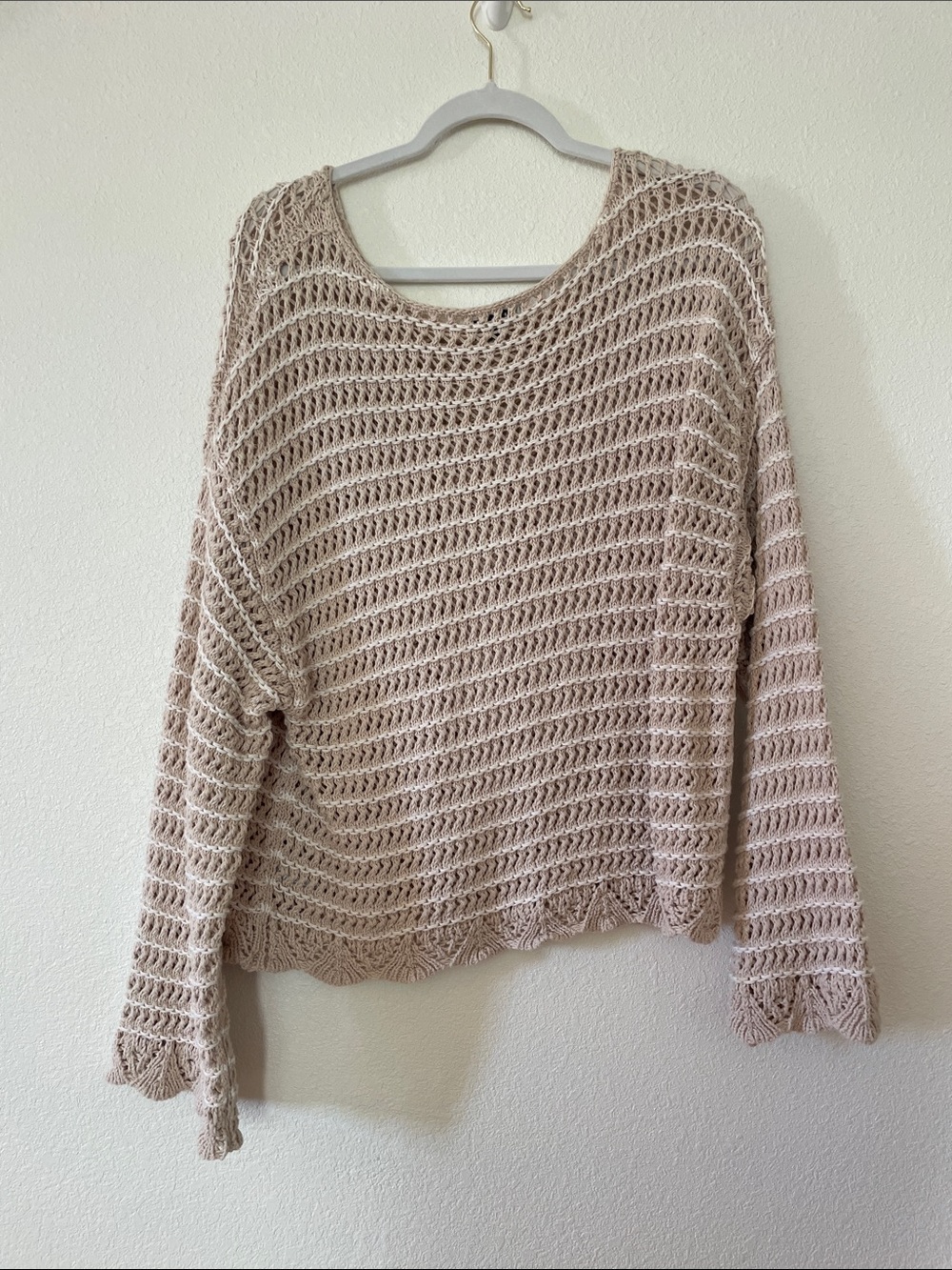 American Eagle Open Knit Striped Scoop Neck Sweater in Tan XL